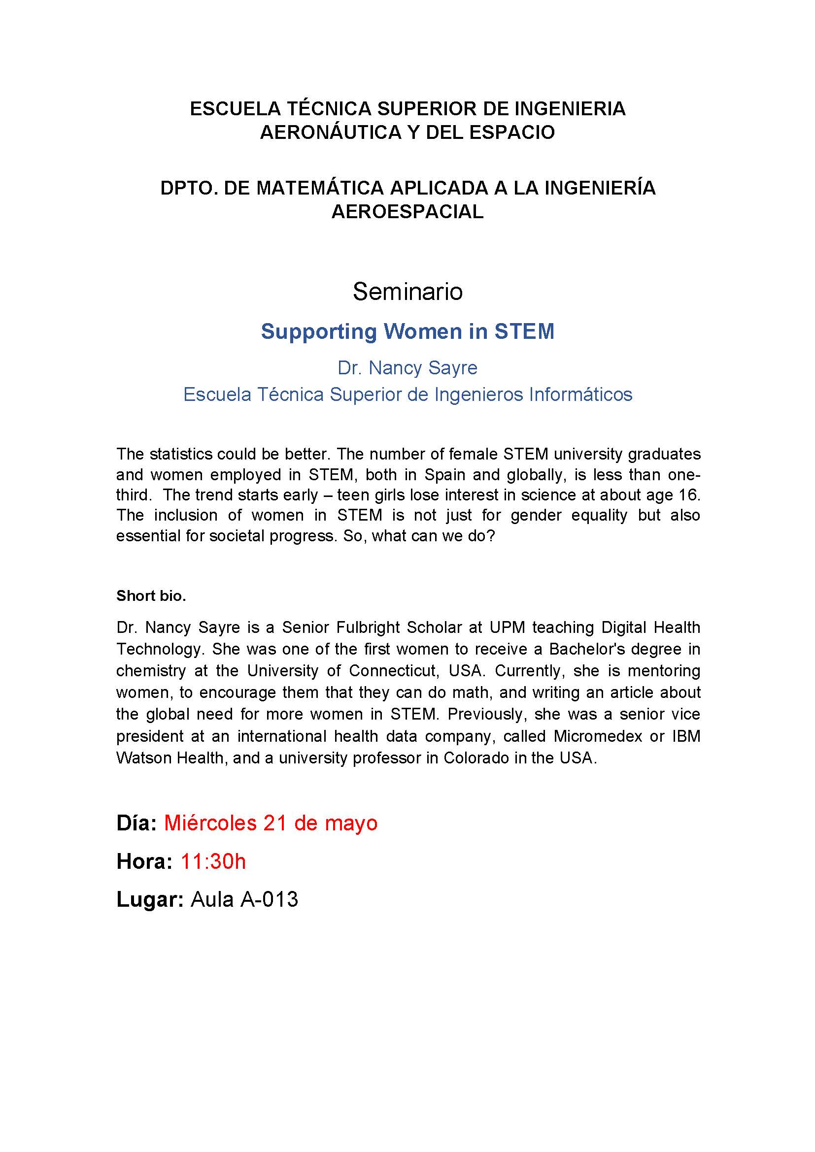 Cartel seminario Supporting Women in STEM