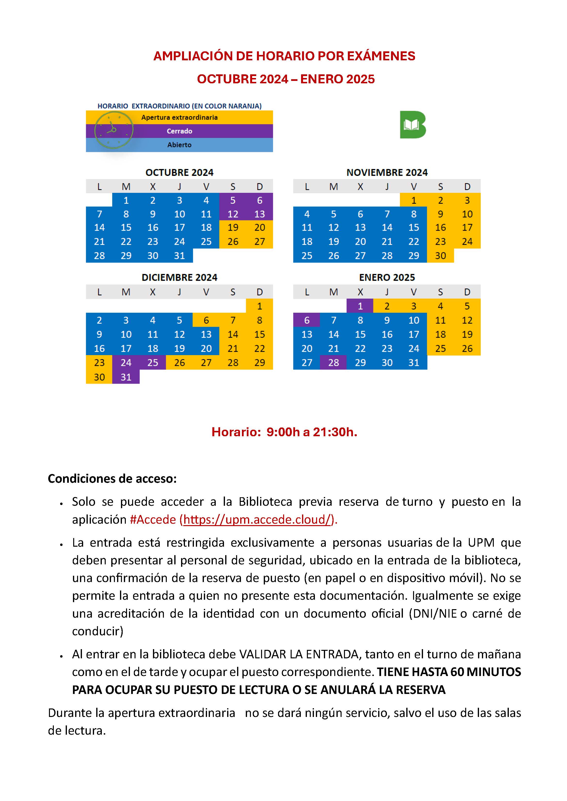 Cartel horario ampliado BUCS octubre 2024 a enero 2025