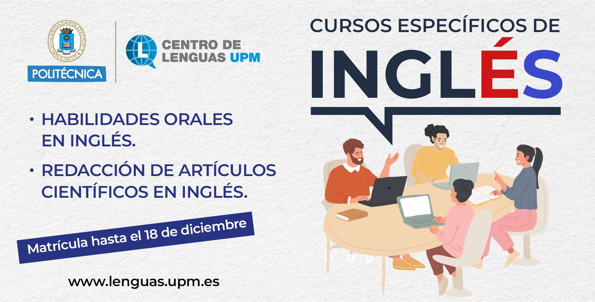 Banner con oferta de cursos específicos de inglés del Centro de Lenguas UPM