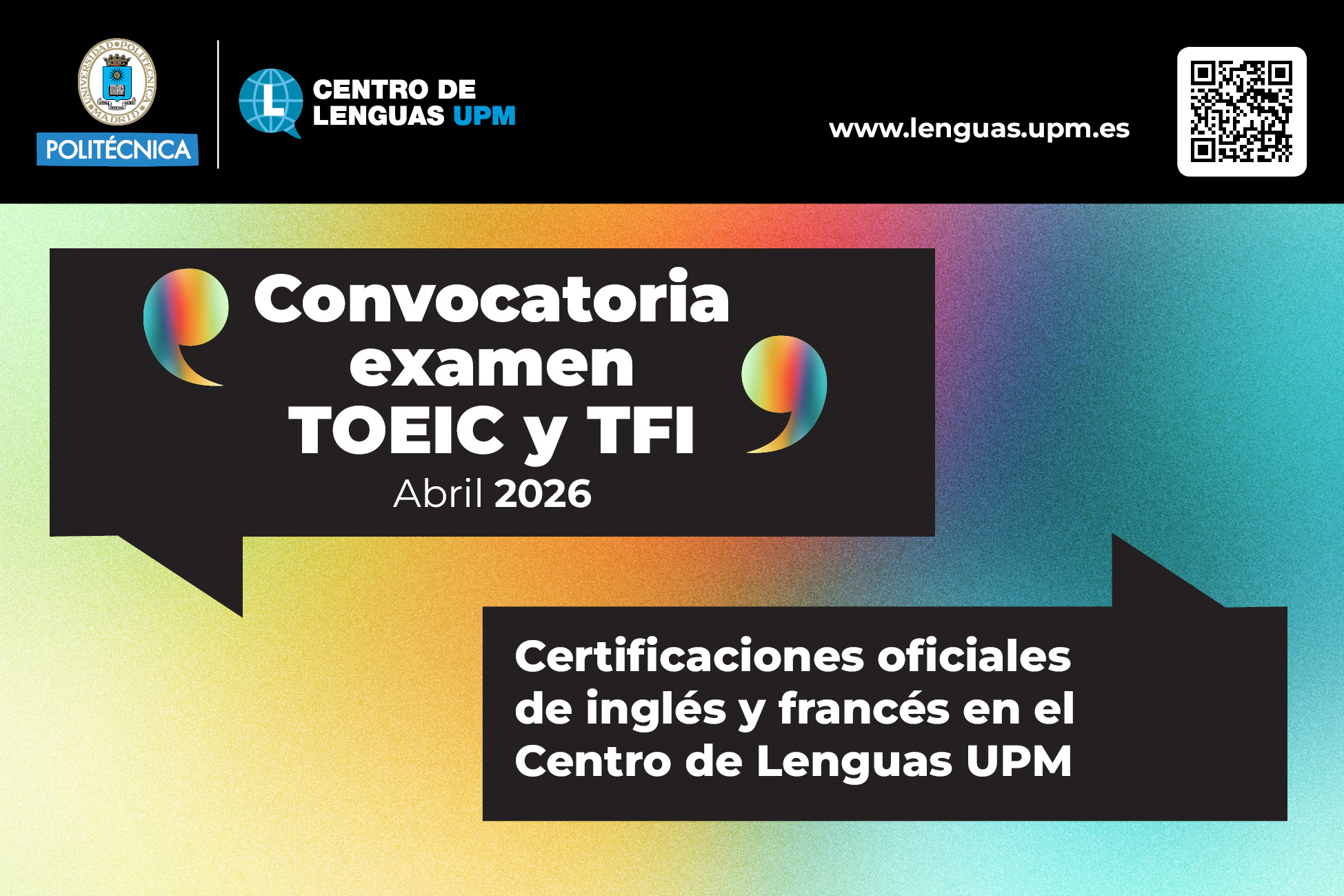 Banner convocatoria ex&aacute;menes TOEIC y TFI, abril 2026