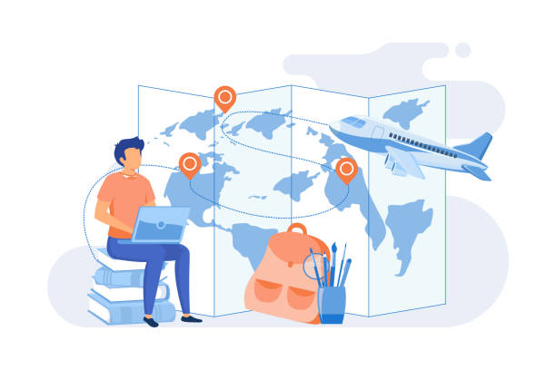 Dibujo de un estudiante con maletas y un mapa de vuelo