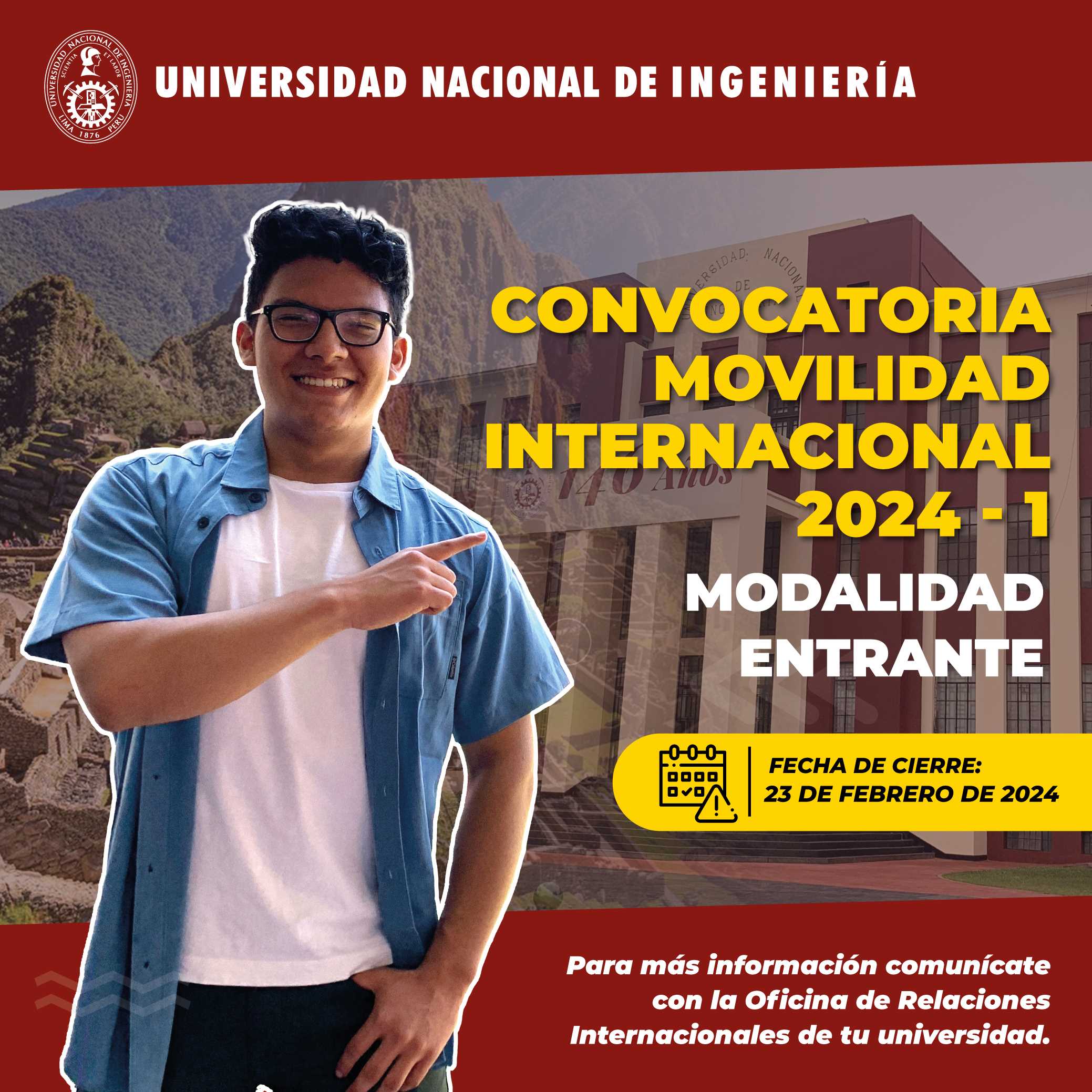 Banner de la Universidad Nacional de Ingeniería sobre postulación para movilidad entrante